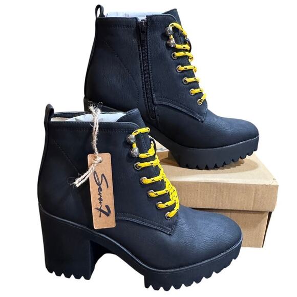 NWB - Seven7 Flatiron Platform Combat Boots Black w/ Yellow Laces, Women's 9 - Picture 8 of 11